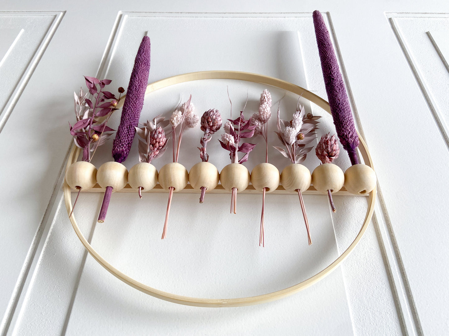 Purple Dried Flowers Wood Bead Wreath