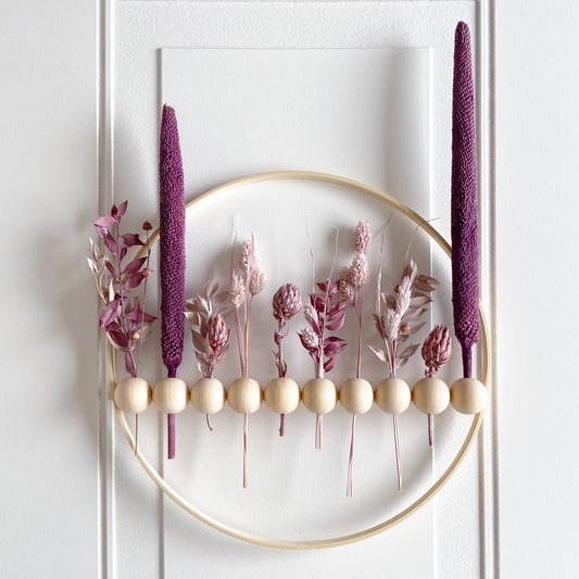 Purple Dried Flowers Wood Bead Wreath