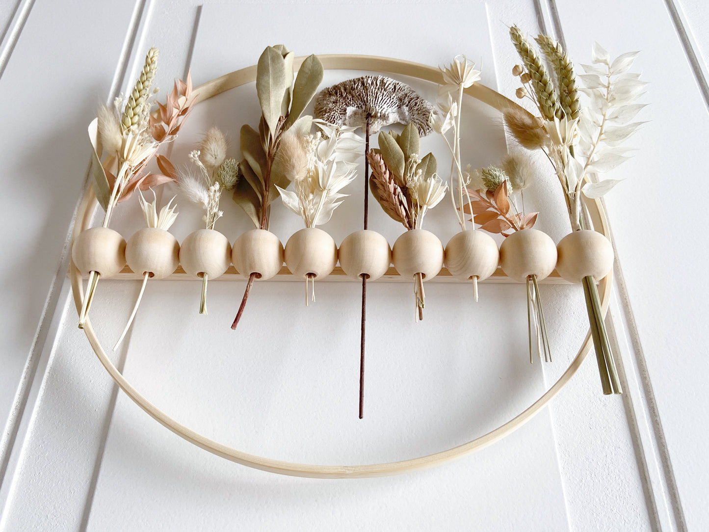 Earthy Mushroom + Dried Flowers Wood Bead Wreath