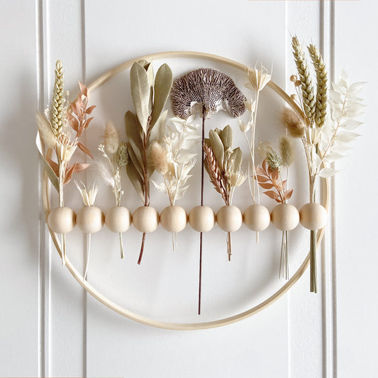 Earthy Mushroom + Dried Flowers Wood Bead Wreath