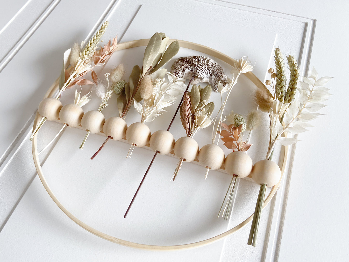 Earthy Mushroom + Dried Flowers Wood Bead Wreath