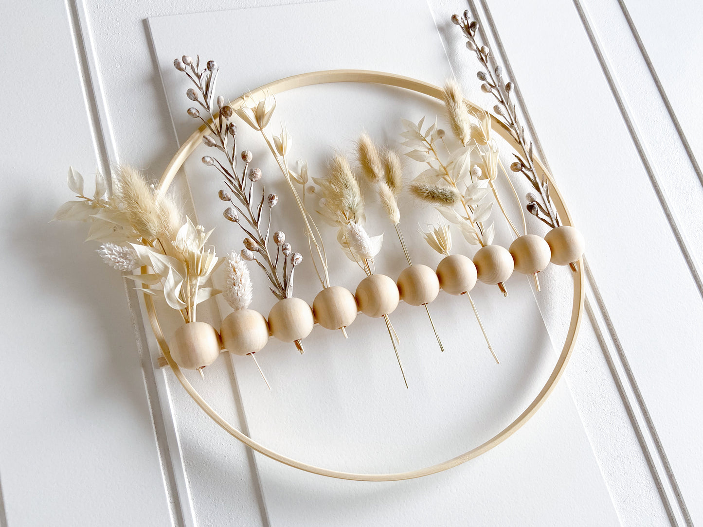 Neutral Dried Flowers Wood Bead Wreath