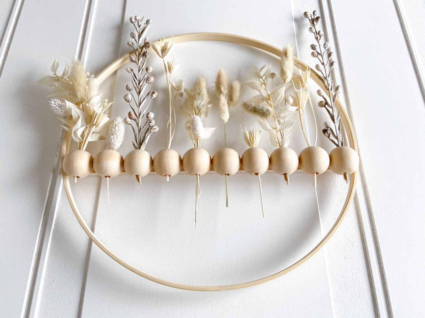 Neutral Dried Flowers Wood Bead Wreath