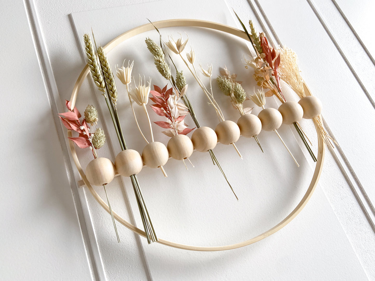 Neutral Dried Flowers Wood Bead Wreath