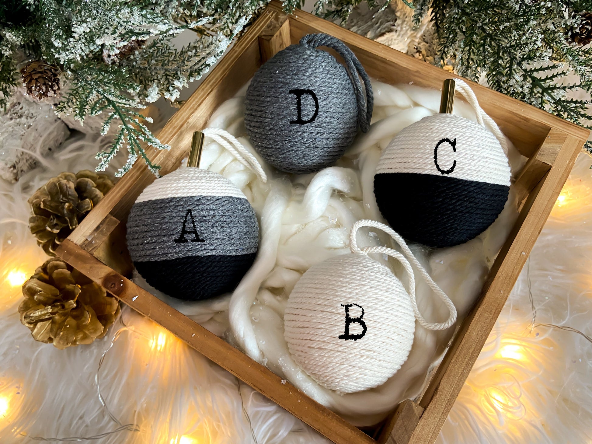 4-Piece Set Of Rustic Monochrome Handmade Ornaments