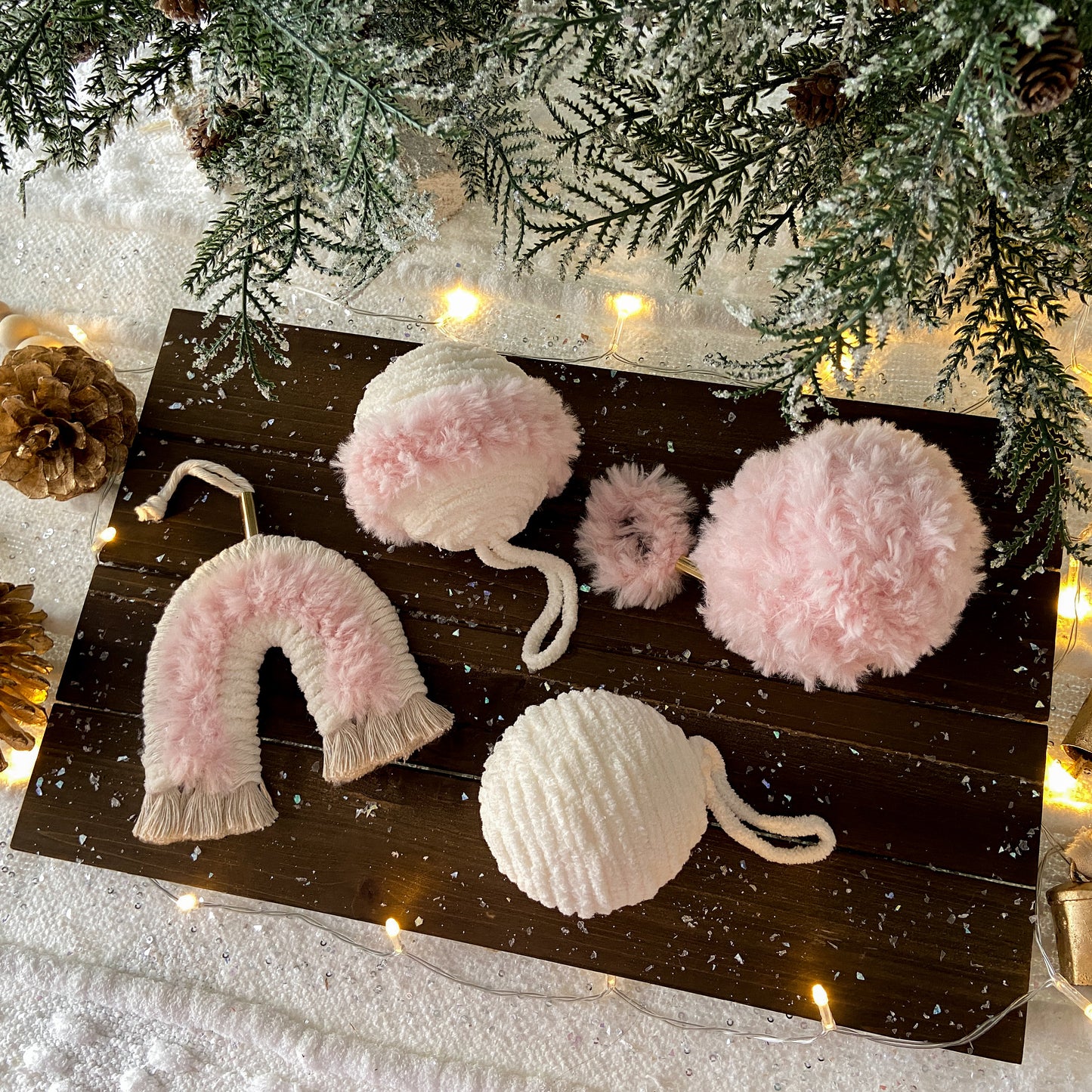 Set Of Pink & White Macrame Ornaments