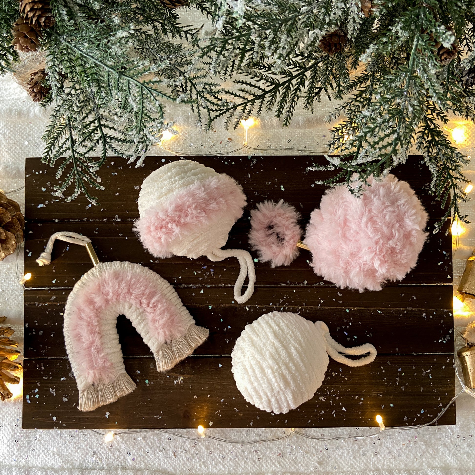 Set Of Pink & White Macrame Ornaments